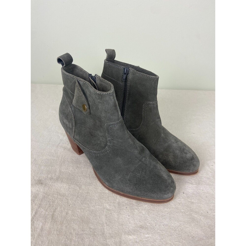 Diba Women's Size 8 Gray Suede Booties Block Heel Side Zip Snap Career Chic